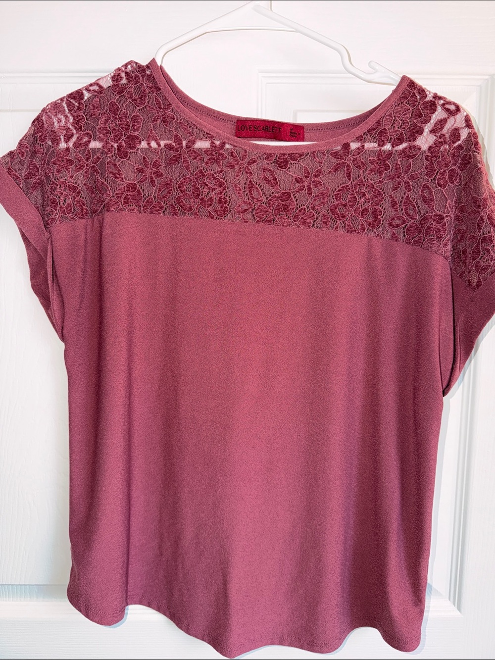 Love Scarlett Rosewood Lace Yoke Short Sleeve Top